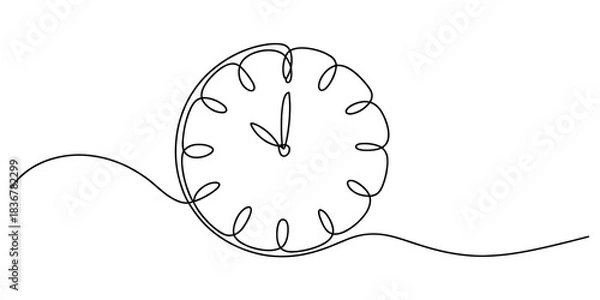 Fototapeta Continuous one line drawing of a simple clock with curly border and hands, symbolizing time, punctuality, and the relentless flow of moments Vector, illustration