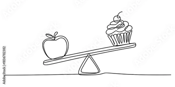 Fototapeta Continuous line drawing of an apple and a cupcake on a balance scale, representing health choice versus sweet treat indulgence Vector, illustration