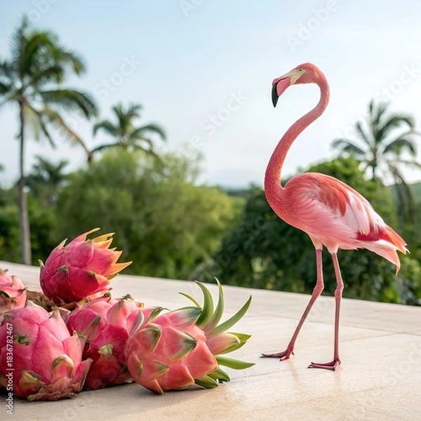 Obraz A flamingo standing beside ripe dragon fruits with a clear tropical background