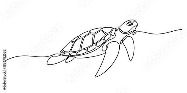 Fototapeta Continuous line art drawing of a sea turtle swimming gracefully through the ocean, capturing marine life in a minimalist and fluid style Vector, illustration
