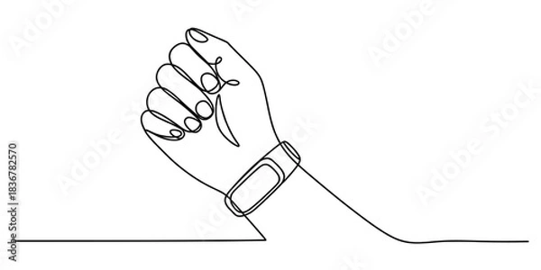 Fototapeta Continuous line drawing of a clenched hand wearing a sleek fitness tracker, symbolizing health, wearable tech, and personal wellness concept. Vector, illustration