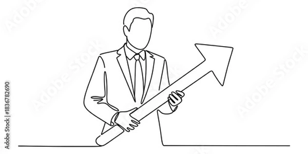 Fototapeta Continuous line drawing of a businessman holding an upward arrow, symbolizing business growth, financial success, and positive market trends. Vector, illustration