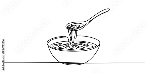 Fototapeta Continuous line drawing of a spoon pouring thick liquid, resembling honey or syrup, into a simple bowl, minimalist single line art style Vector, illustration