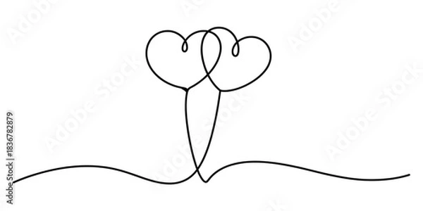Fototapeta Minimalist single continuous line art illustration of two interconnected hearts, symbolizing love, romance, unity, connection, and eternal bond on white. Vector, illustration