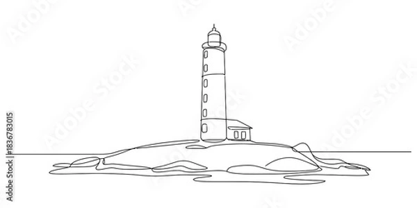 Fototapeta Continuous line drawing of a lighthouse on a small island, symbolizing guidance, safety, and coastal navigation for maritime travel. Vector, illustration
