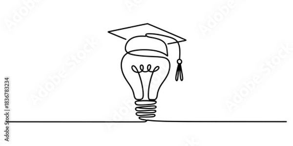 Fototapeta Minimalist single line art drawing featuring a lightbulb adorned with a graduation cap, symbolizing the power of educated ideas and a successful learning journey. Vector, illustration