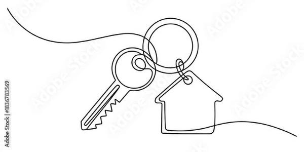 Fototapeta Continuous line art drawing of a house key with a home-shaped keychain, symbolizing property ownership, real estate, and residential security concepts. Vector, illustration
