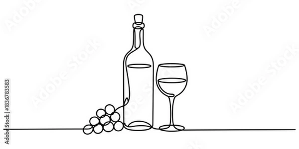 Fototapeta Continuous line drawing of a wine bottle, glass, and grapes. minimalist vector art for beverages, alcohol, celebration, and culinary themes. Vector, illustration