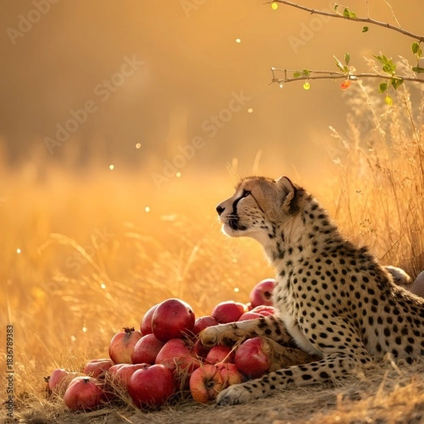 Obraz A cheetah beside ripe pomegranates with a golden beautiful background
