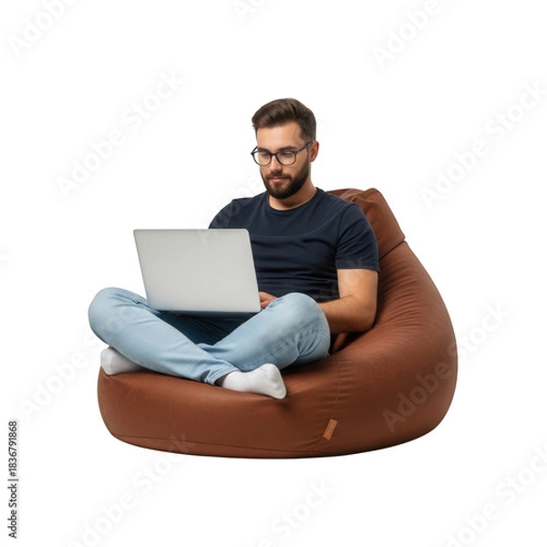 Fototapeta Man sitting on bean bag chair using laptop, modern casual lifestyle isolated on transparent background