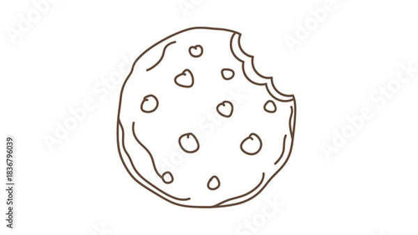 Obraz Hand drawn bitten chocolate chip cookie line art doodle illustration. Sweet baked dessert snack icon for web and graphic design.
