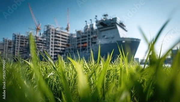 Fototapeta Lush green grass foreground with large ship and industrial structure