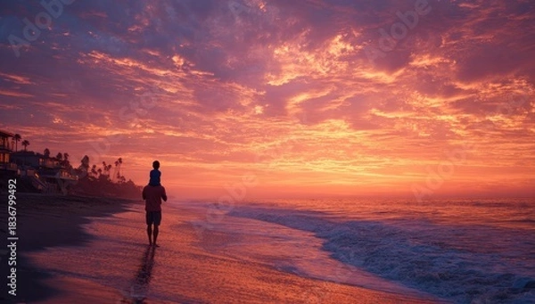 Fototapeta Father carries child on shoulders walking on a beach at sunset with vibrant sky