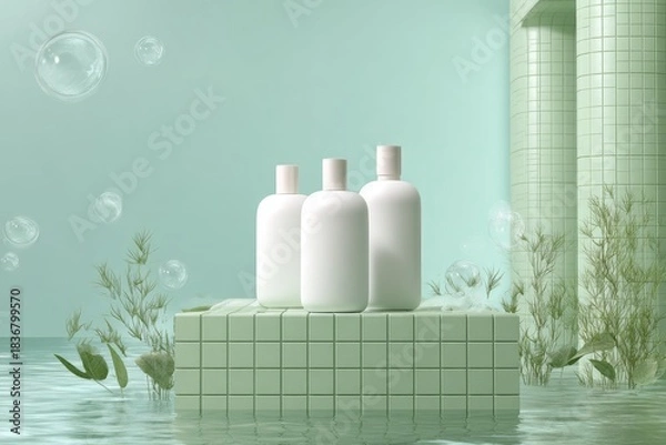 Fototapeta Three white bottles on a tiled platform in a refreshing aquatic spa scene