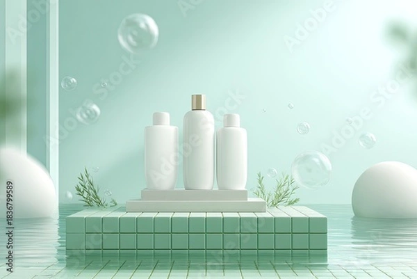 Fototapeta Clean cosmetic bottles on a tiled platform in a serene water and bubble environment