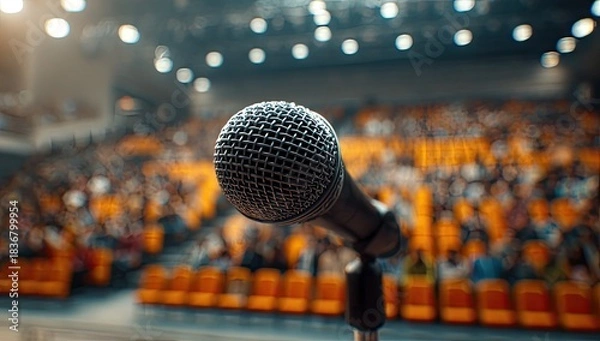 Fototapeta A microphone sits center stage, facing an audience in a large, dimly lit auditorium