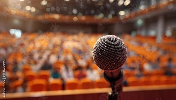 Fototapeta Microphone in front of an audience in an auditorium
