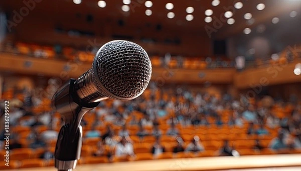 Fototapeta Microphone on stage in front of an audience in an auditorium