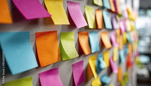 Fototapeta A wall covered in a vibrant array of colorful sticky notes in a variety of hues