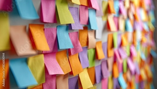 Fototapeta A wall covered in a multitude of colorful adhesive notes, creating a vibrant and organized display