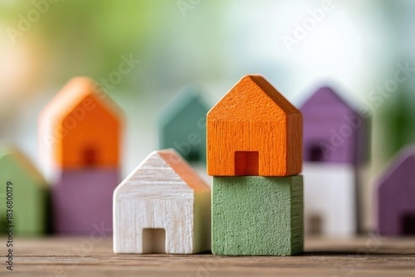 Fototapeta Colorful miniature houses stacked and arranged in a row