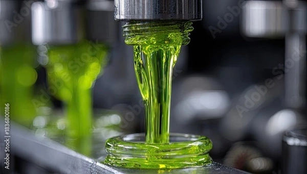 Fototapeta Vibrant green liquid precisely fills a clear glass container in a manufacturing process
