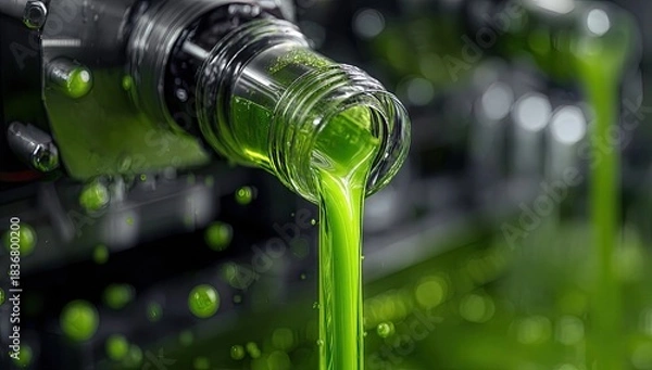 Fototapeta Bright green liquid pours from a clear bottle, in a workshop setting