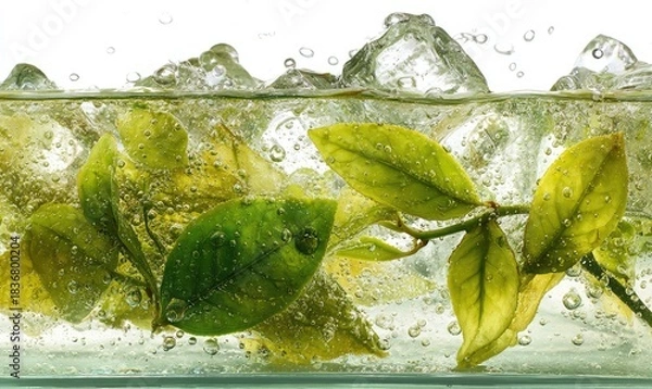 Fototapeta Green leaves submerged in clear liquid with ice and bubbles
