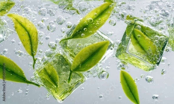 Fototapeta Fresh green leaves and ice cubes submerged in bubbly water, refreshing