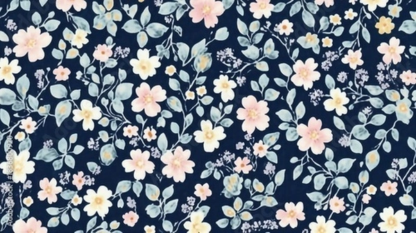 Fototapeta Floral Pattern on Dark Blue Background