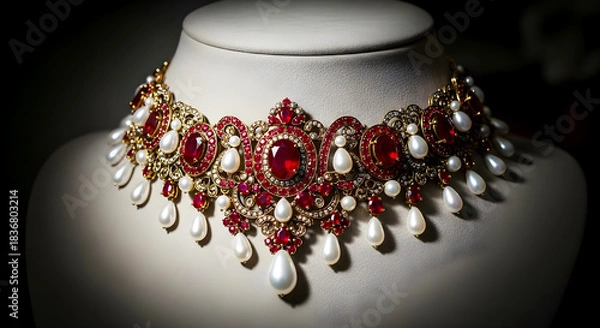 Fototapeta Luxurious Red Gem and Pearl Gold Necklace With Intricate Filigree and Dangling Pearls