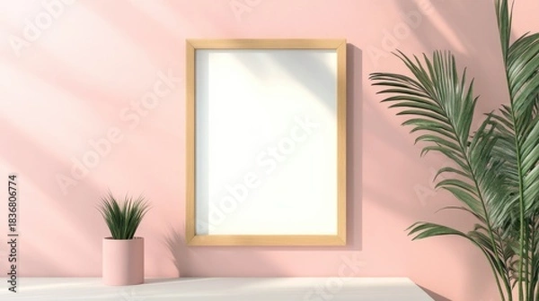 Obraz Elegant Minimalist Interior Design with Empty Wooden Frame and Green Plant on Soft Pink Wall