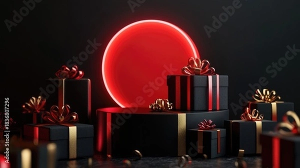 Obraz Festive Black Gift Boxes with Red Ribbons and Glow in Stylish Holiday Celebration Setting