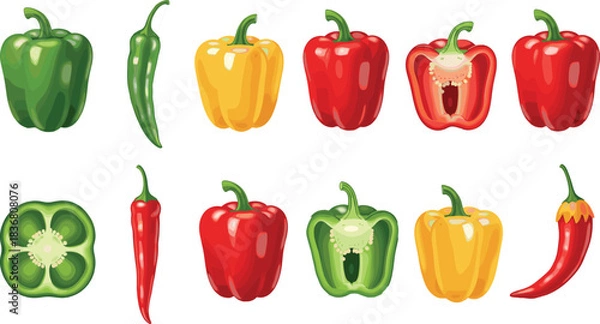 Fototapeta Colorful Bell Peppers and Chili Peppers Set with Whole, Sliced and Halved Vegetable Illustrations