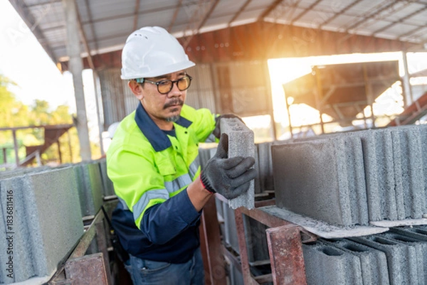 Obraz A construction manager carefully lifts and inspects the quality of a fresh concrete cinder block at a small building material manufacturing plant.
