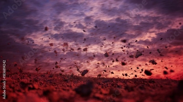 Obraz capitulating. Volcanic eruption launching rocks into a dark red sky, dramatic natural scene. travel magazines, destination branding, designed for travel destination branding, used by store managers.
