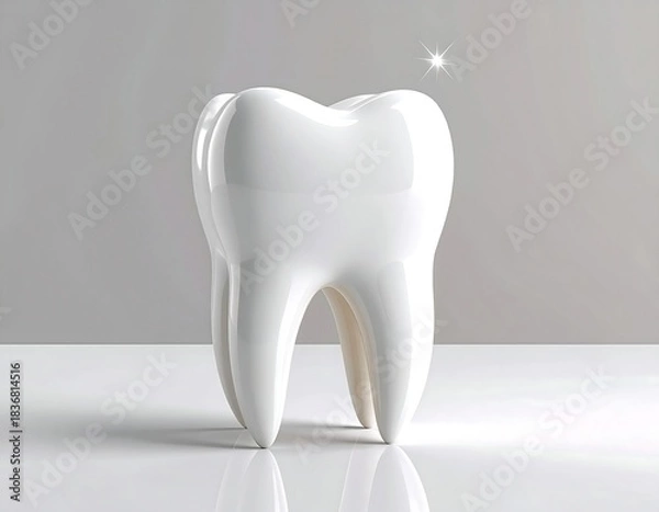Fototapeta Glossy, bright white molar with a sparkle atop a bright surface