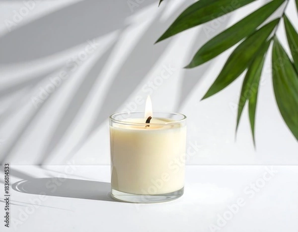 Fototapeta Lit candle in clear glass on white surface with palm leaf