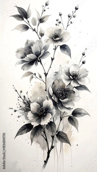 Fototapeta Monochrome watercolor floral arrangement on a white backdrop