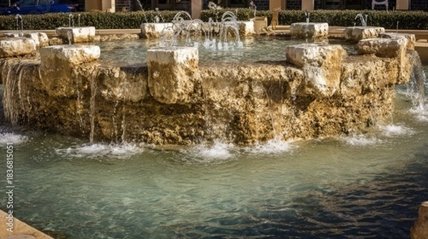 Obraz fountainhead. A classical stone water fountain sculpture in a town square, water flowing from its crevices. real-estate listings.
