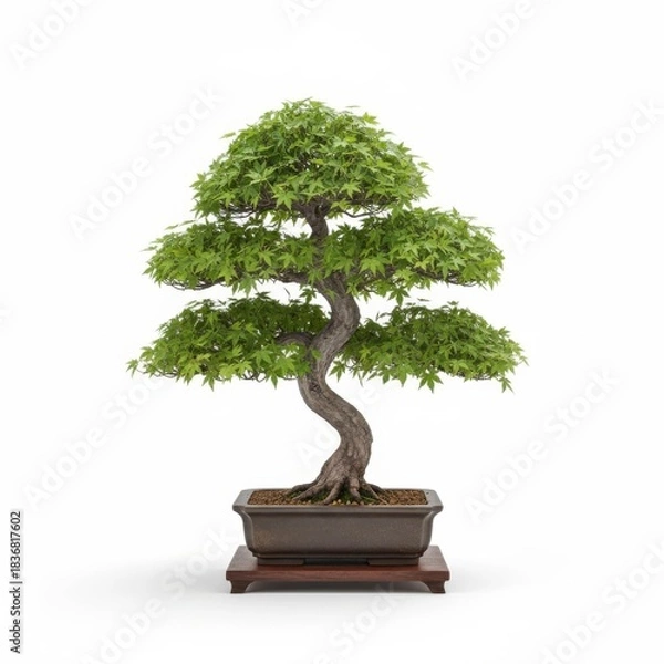 Fototapeta Japanese bonsai tree with green leaves in a small pot, isolated on a white background
