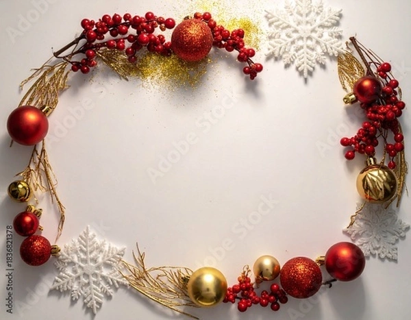 Fototapeta Elegant festive christmas frame with shimmering red and gold baubles, winter berries, and delicate white snowflakes on a clean background