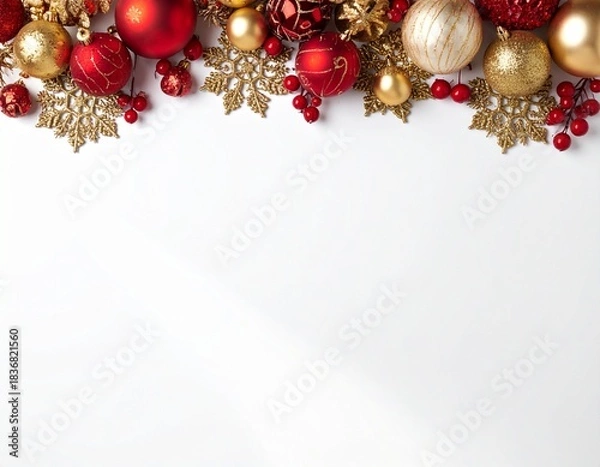 Fototapeta Elegant red and gold Christmas ornaments forming a festive border on a pristine white background, perfect for holiday greetings and seasonal designs