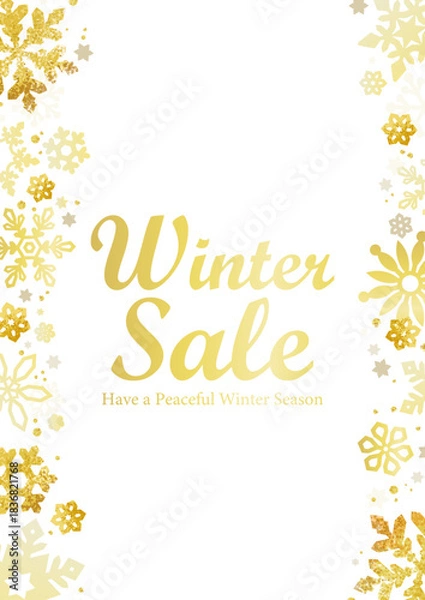 Obraz 金色の雪の結晶フレームとWinter Sale文字の冬セール背景 | ベクター素材 縦 カード コピースペース 