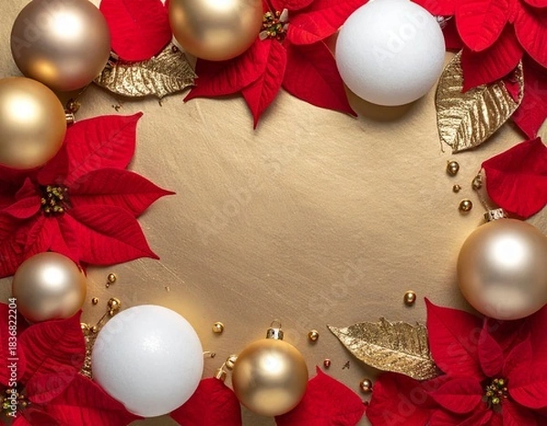 Fototapeta Festive Christmas Frame with Golden Ornaments and Vibrant Red Poinsettias on a Luxurious Gilded Background for Holiday Greetings