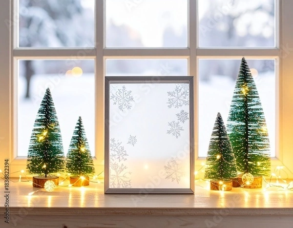 Fototapeta Festive winter windowsill display blank frame with snowflakes, glowing mini trees, and twinkling lights. Ideal for personalized holiday greetings or custom seasonal messages