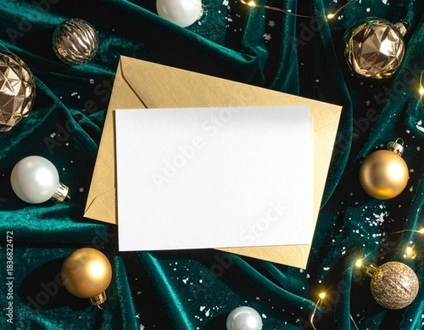 Fototapeta Blank greeting card with golden envelope surrounded by Christmas ornaments and fairy lights on a dark green velvet surface