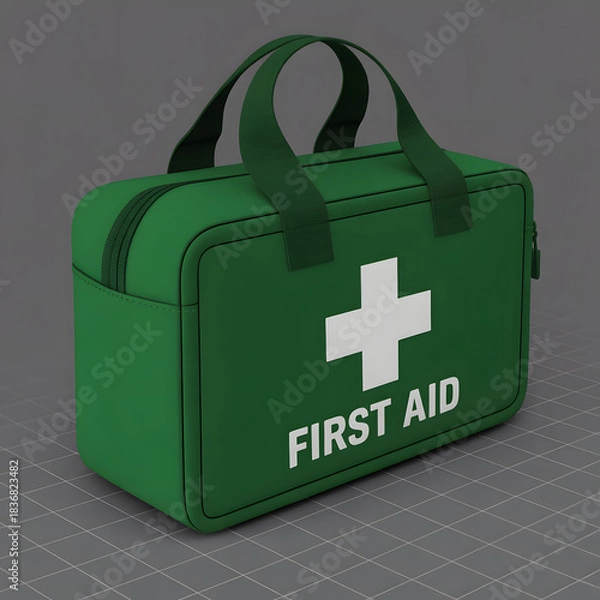 Fototapeta First Aid Kit Essentials: A close-up view of a green first aid kit, with a white cross and FIRST AID printed prominently, symbolizing safety and care. It's a visual reminder of preparedness. 