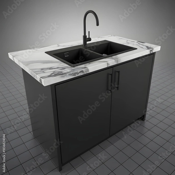 Fototapeta Sleek Kitchen Island: A modern kitchen island featuring a sophisticated design, highlighted by a marble countertop and a contrasting black double sink and faucet.