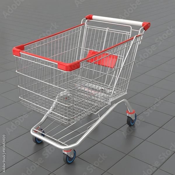 Fototapeta Shopping Cart: A shopping cart, meticulously rendered, stands alone on a tiled floor. Its metallic structure, and red accents, beckoning shoppers to explore the world of retail. 